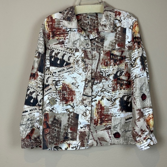 Chico's Cream/Brown/Beige/Rust Lightweight "Postcards" Button Down Blouse - Picture 1 of 7